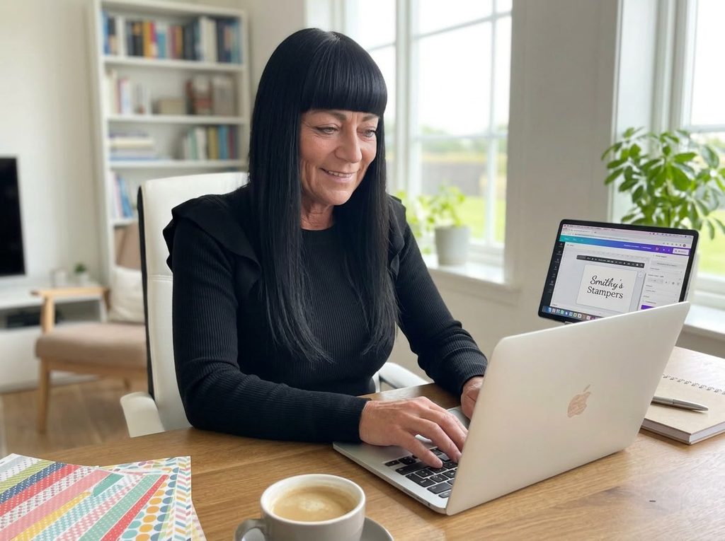 An ai photo of tricia smith sitting at a desk working on an apple mac laptop. for illustrative purposes only