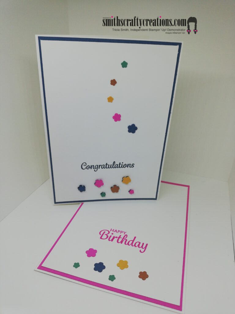 A happy birthday card and a congratulations card incorporating the confetti flowers border punch by Stampin' Up!