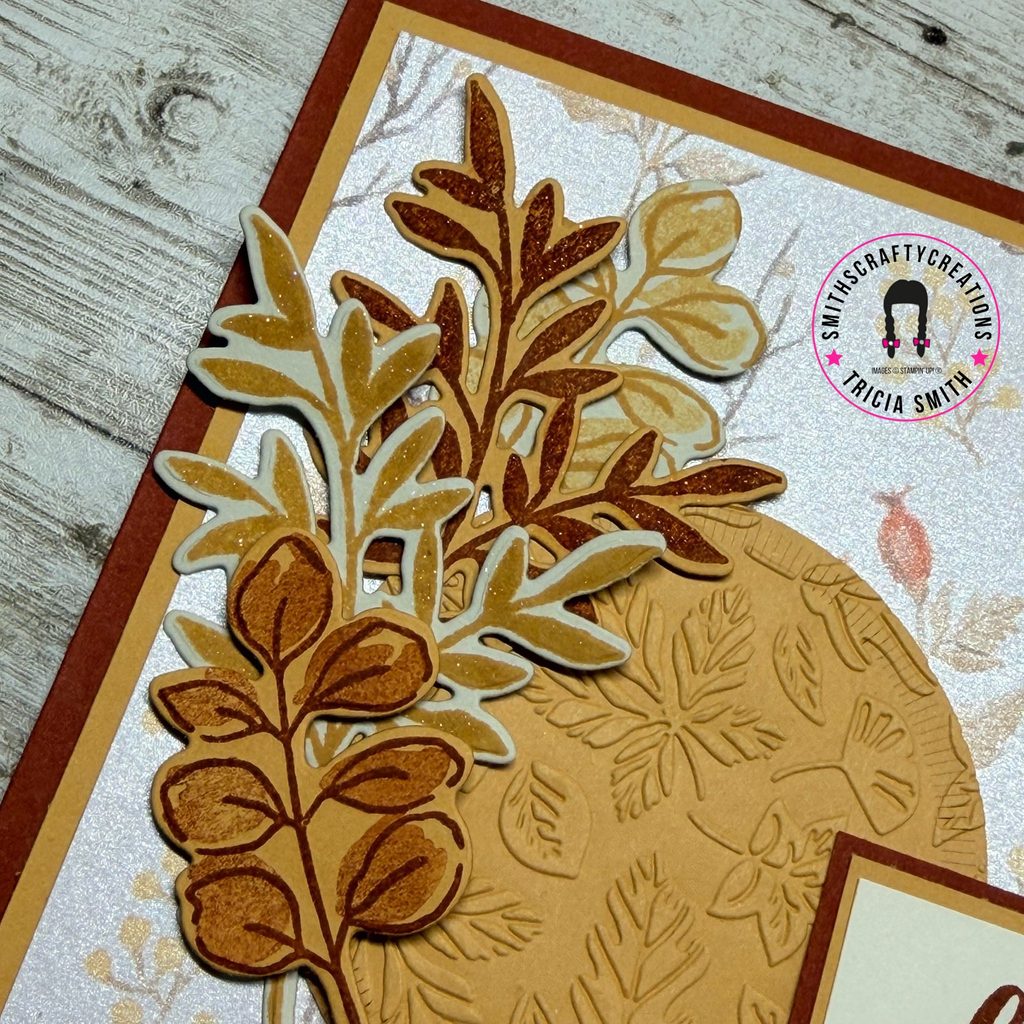 Autumn handmade card in Cajun Craze and Golden Glow with layered foliage and Glow of Harvest patterned paper