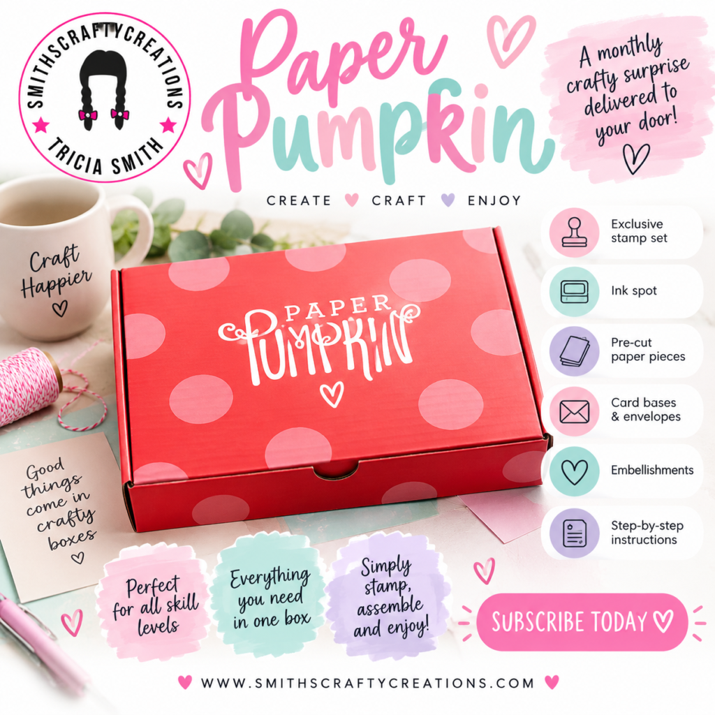 Paper Pumpkin box showing included supplies such as stamps, ink, card bases, envelopes, embellishments, adhesives and pre-cut pieces.