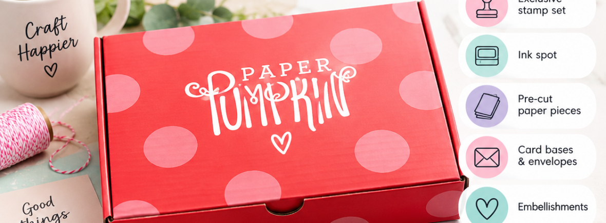 Paper Pumpkin box showing included supplies such as stamps, ink, card bases, envelopes, embellishments, adhesives and pre-cut pieces.