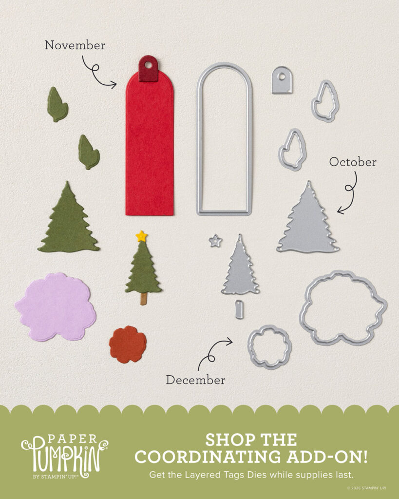 Layered Tags Dies coordinating add-on for the October, November and December 2026 Paper Pumpkin kits.