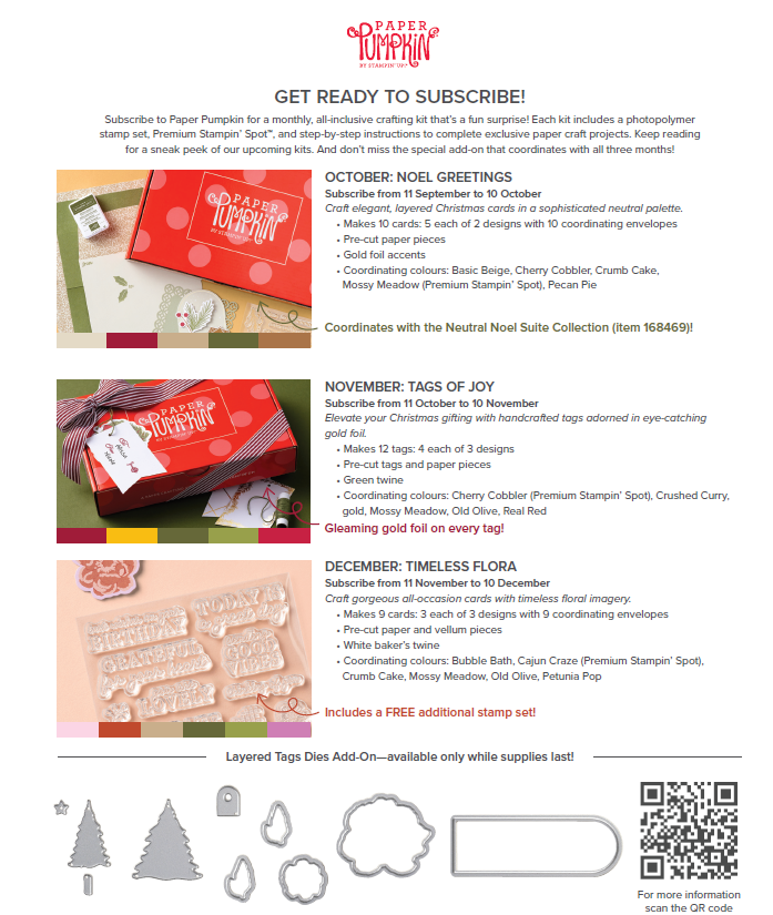 Paper Pumpkin 2026 preview featuring Noel Greetings, Tags of Joy and Timeless Flora subscription kits.