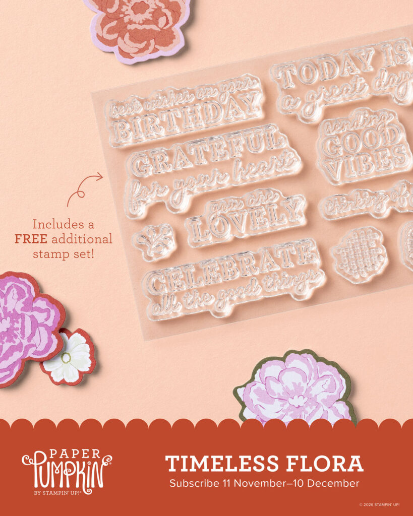 Timeless Flora December 2026 Paper Pumpkin stamp set featuring floral images and celebration sentiments.