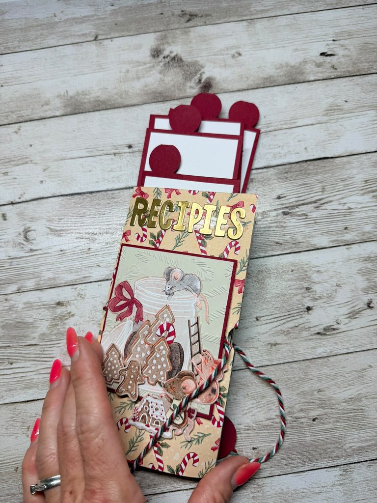 Handmade one sheet mini album transformed into a home baking recipe album using Christmas Mice Designer Series Paper