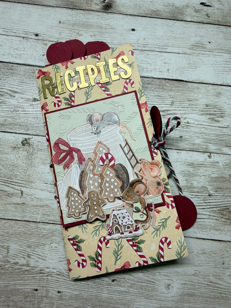 Handmade one sheet mini album transformed into a home baking recipe album using Christmas Mice Designer Series Paper